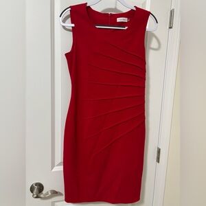 Calvin Klein Red Sleeveless Sheath Dress with Diagonal Pleats